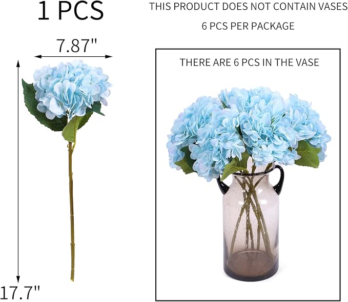 Kimura's Cabin 6pcs Fake Hydrangeas Flowers Artificial Hydrangea, Light Blue | - Image 2