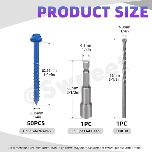 Swpeet 52Pcs 1/4" x 3-1/4" Slotted Hex Washer Head Concrete Screws Anchor - Image 2