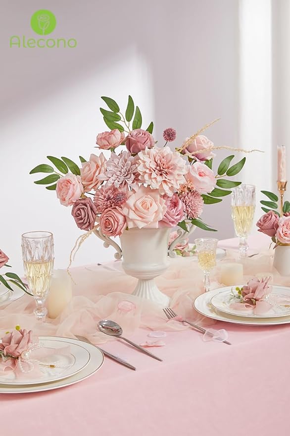 Alecono Artificial Flowers, Dusty Pink Silk Fake Flowers - Image 2
