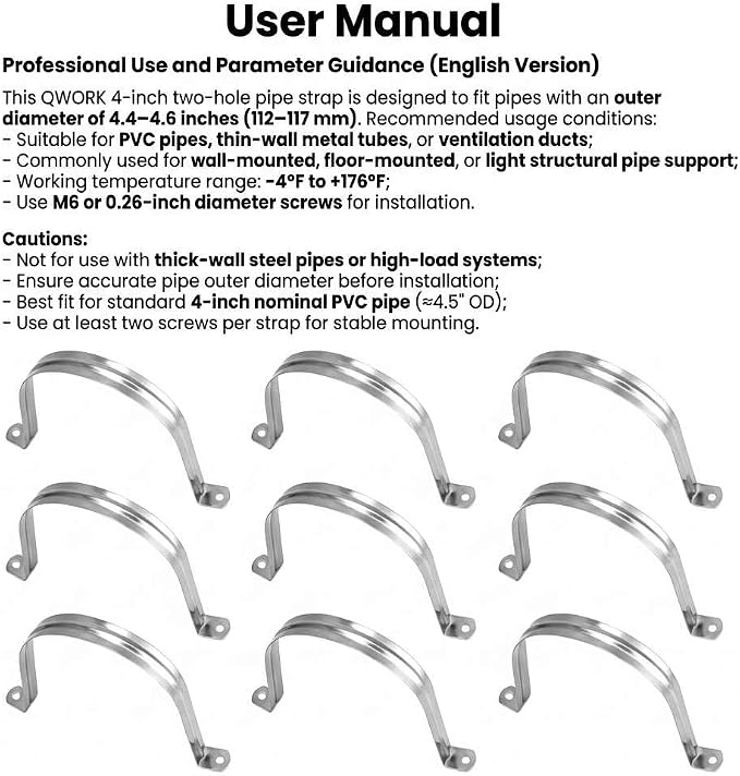 QWORK 4" Rigid Pipe Strap Clamp, 10 Pack Strap-U Bracket Tube Clip, Heavy Duty - Image 6