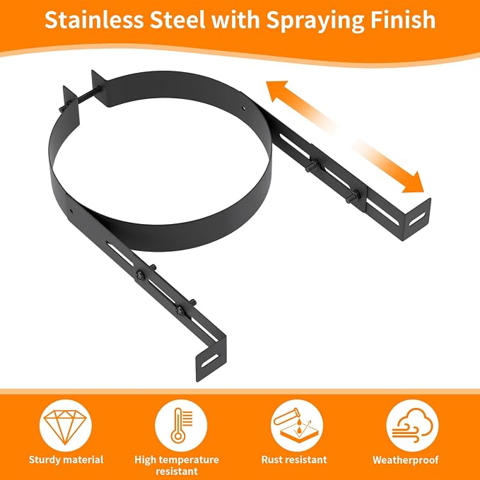 8 Inch Chimney Pipe Support Bracket, Adjustable Vent Wall Strap, Stainless - Image 3