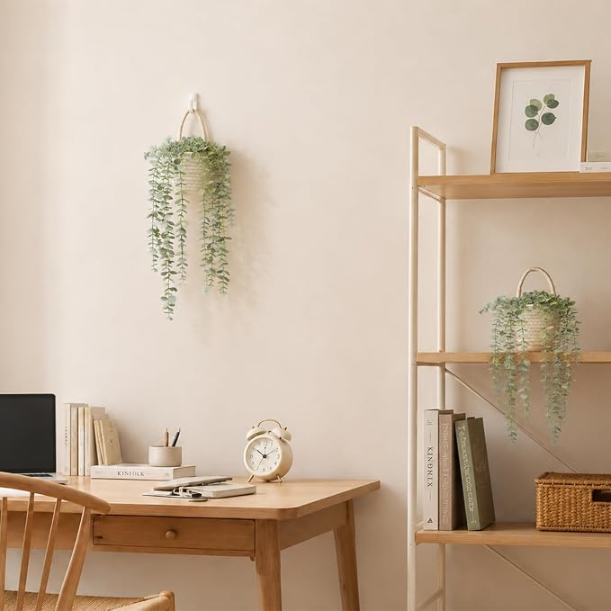 Fake Hanging Plant, Eucalyptus in Wall Woven Planters | Artificial Faux Plants - Image 3