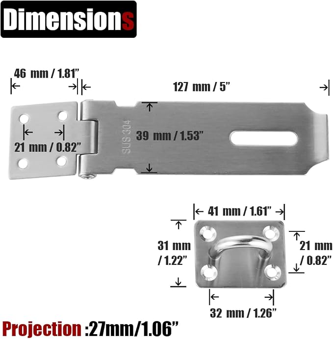 JQK Door Hasp Latch Lock, 5 Inch 304 Stainless Steel Safety Packlock Clasp - Image 2