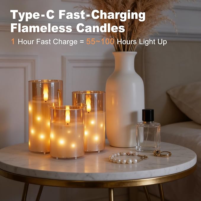 LEDHOLYT Rechargeable Glass LED Flameless Candles, Embedded Star String - Image 7