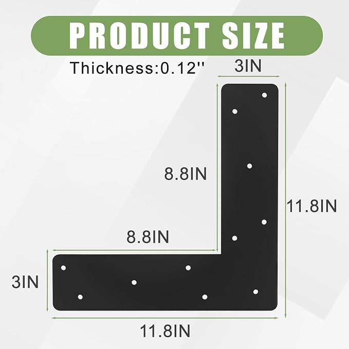 4Pcs 11.8"x3" L Shape Flat Brackets|Thickness 0.12" Mending Plates| | 90 ° - Image 2