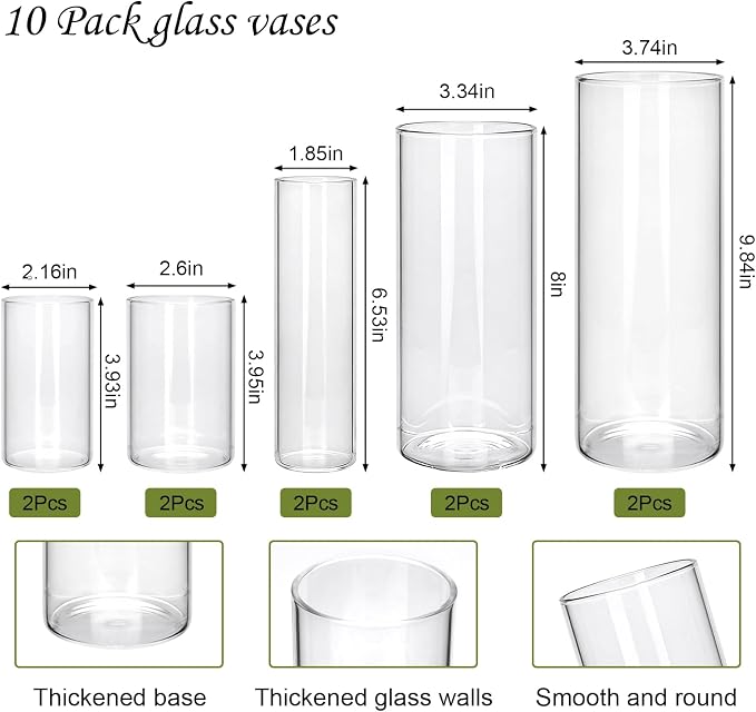 Glass Cylinder Vase, 10 Pack Glass Vases, Hurricane Floating Candle | Glass - Image 2