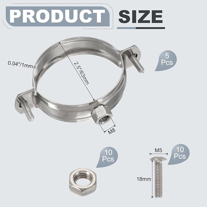 HARFINGTON 5pcs 201 Stainless Steel 2.5"/63mm Split Ring Pipe Hanger Pipe Strap - Image 2