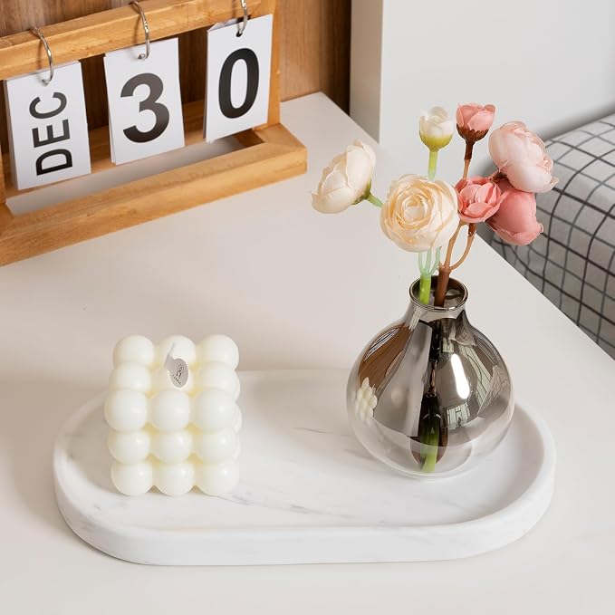 White Marble Oval Tray for Bathroom Countertop, Stone Perfume Organizer Tray - Image 4