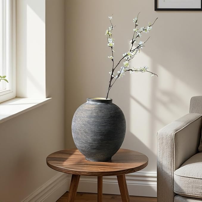 Black Ceramic Flower Vase, 9.8" H, Large Round Table Vase - Image 5