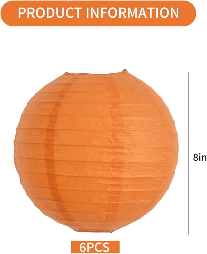 BEISHIDA 8 Inch Orange Paper Lanterns 6 Packs Hanging Round Chinese Lantern | - Image 2