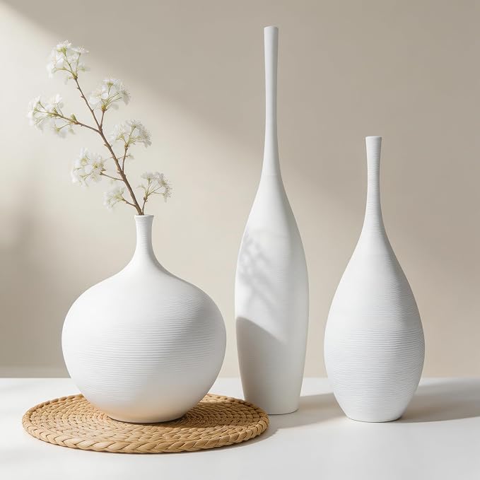 White Ceramic Vase Set of 3, Modern Boho Vases by DecoVlog