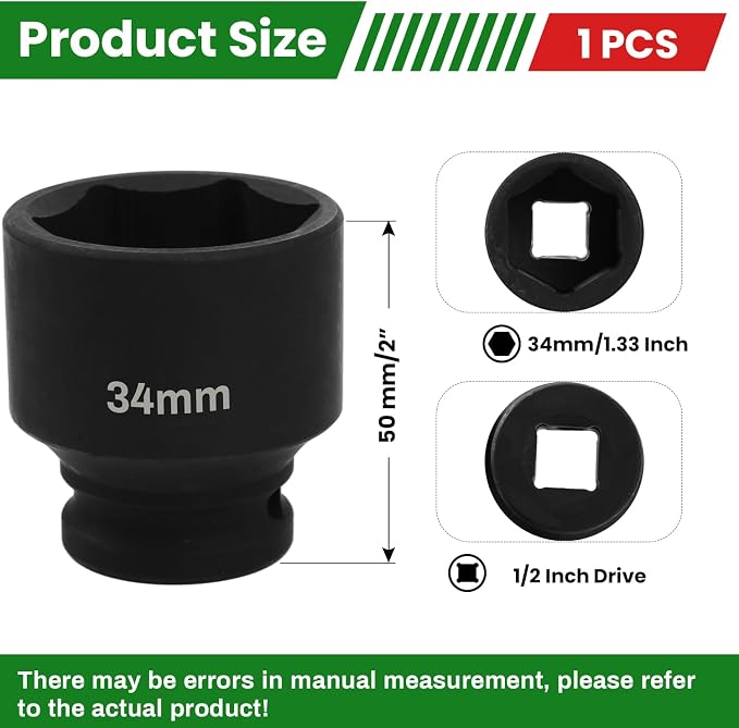 1/2" Drive 34mm Deep Impact Socket, 6 Point Chrome Molybdenum Steel Heavy Duty - Image 2