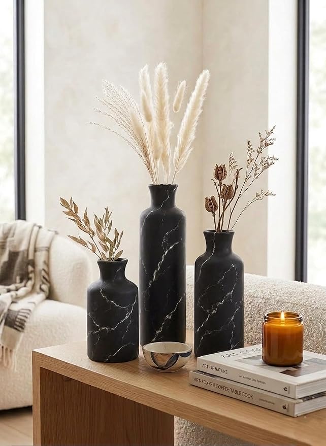 Creative Scents Black Marble Look 3pc Vase Set – Boho Vases - Image 2