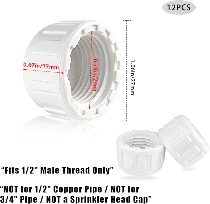 Sprinkler Cap, 1/2 PVC Threaded Cap, Sprinkler Head Cap | 12 Pack, 1/2 BSPT - Image 2