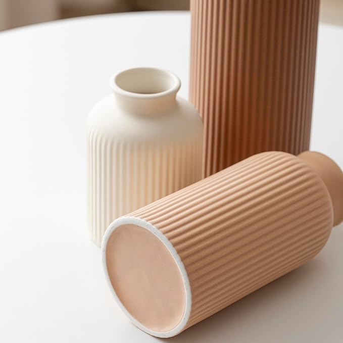 Large Modern Ceramic Vase Set, Coffee Ribbed Matte Design, 3-Piece Decorative - Image 9