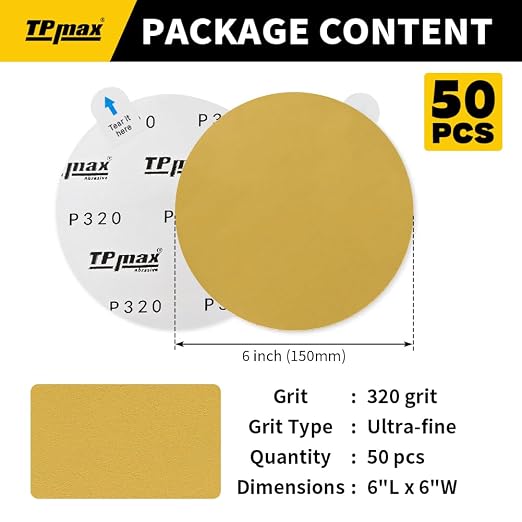 6-Inch 320-Grit Gold PSA Sanding Discs, 50 Pack – Pro-Grade Self-Adhesive - Image 2