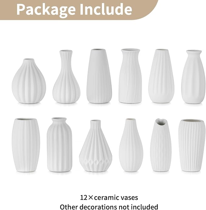 NUPTIO White Ceramic Bud Vase: Small Assorted Vases 12 Pcs, Unglazed | Table - Image 6
