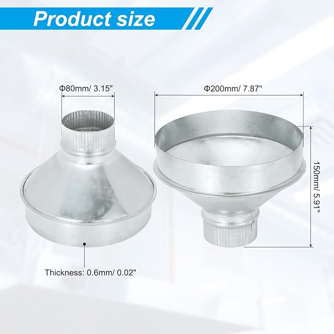 PATIKIL 8 Inch to 3 Inch Duct Reducer, Galvanized Steel Round Air Duct Reducer - Image 2