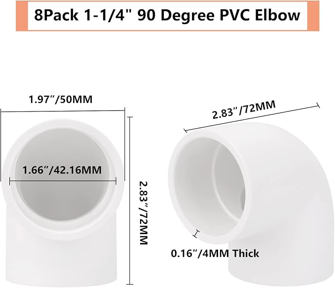 8Pack 1-1/4" 90 Degree Elbow PVC Pipe Fittings 2 Way Right Angle PVC Pipe - Image 2