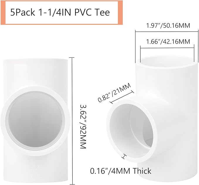 5Pack 1-1/4" PVC Tee 3 Way PVC Pipe Fittings Connector Furniture Grade SCH40 - Image 2