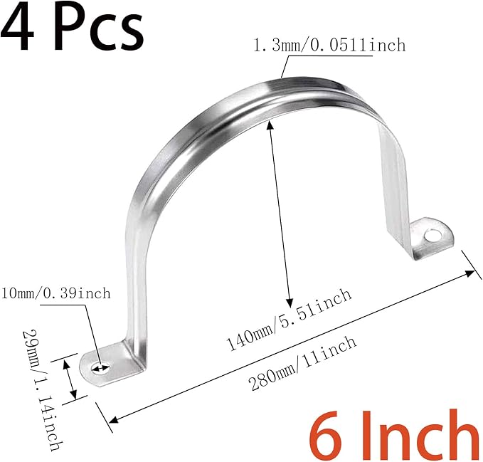 4 Pcs 6inch Rigid Pipe Strap, Two Hole Stainless Steel Strap U Bracket - Image 2
