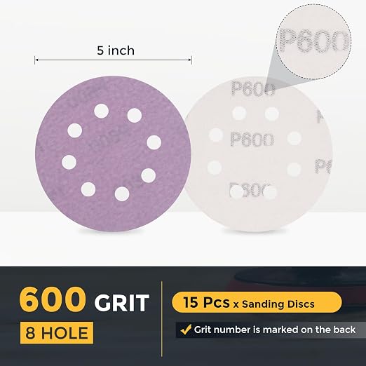 HARFINGTON 15Pcs 5Inch Sanding Disc 8 Hole 600Grit Purple Aluminum Oxide | Hook - Image 2