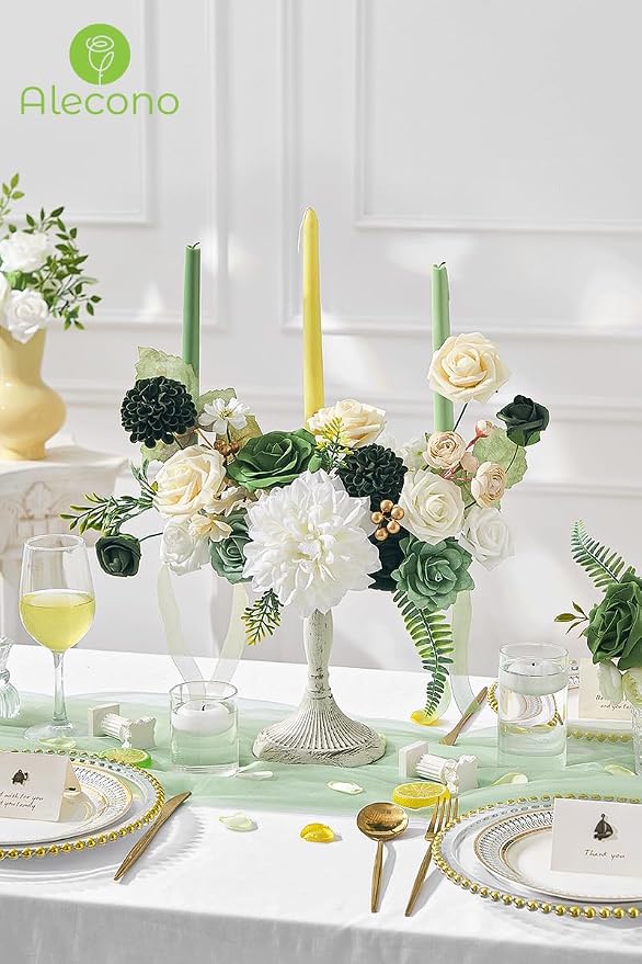 Alecono Green Pink Artificial Flowers, Silk Fake Roses Floral Set | - Image 5