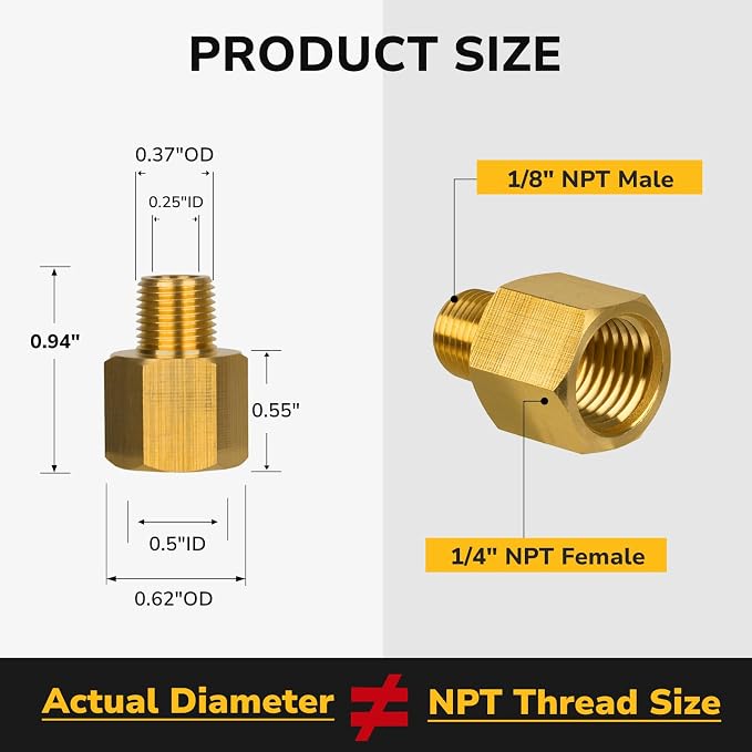 Brass Pipe Fitting, 1/8" NPT Male x 1/4" NPT Female Reducer Adapter, Heavy Duty - Image 2