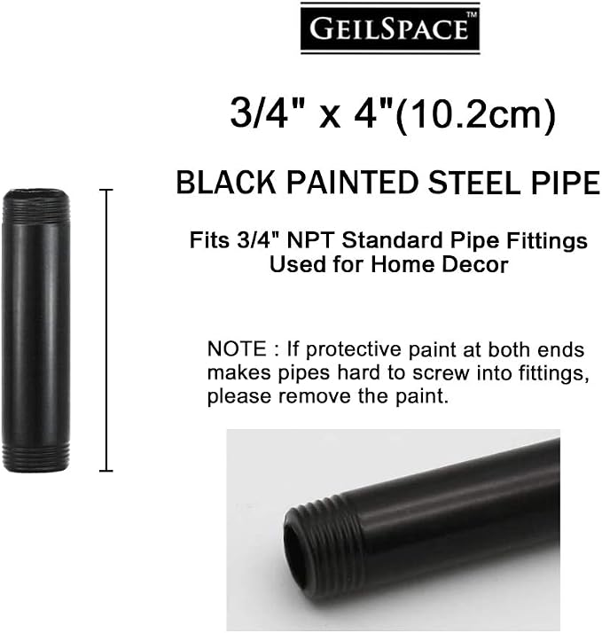 6 Pack 3/4" × 4" Pre-Cut Black Metal Pipe, Industrial Steel Fits Standard Three - Image 2