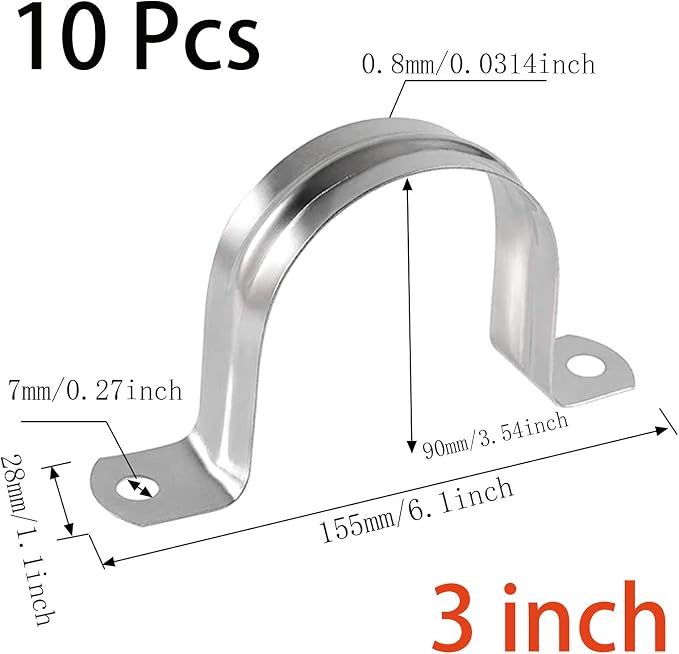 10 Pcs 3inch Rigid Pipe Strap, Two Hole Stainless Steel Strap U Bracket - Image 2