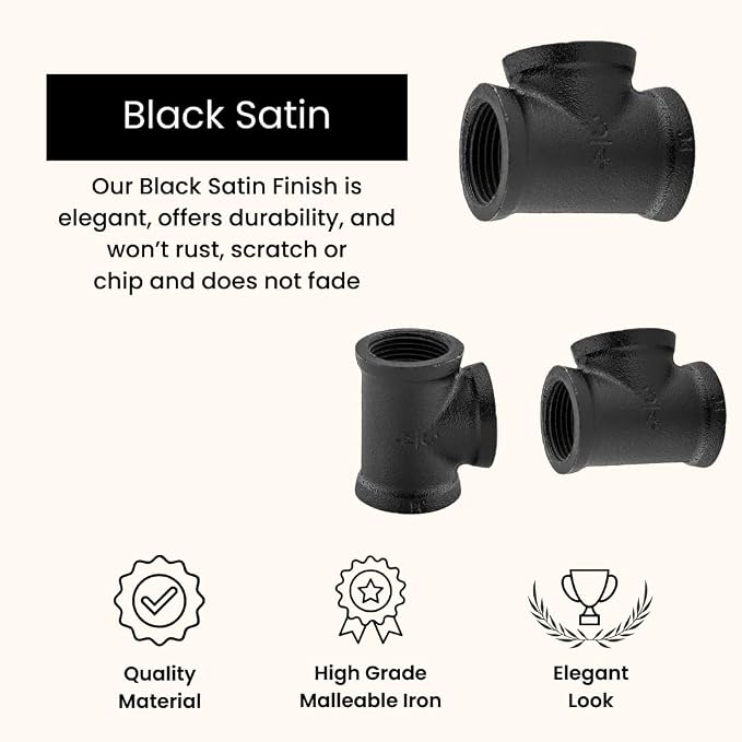 1/2" TEE Industrial Threaded Black Iron Pipe Fittings; Black Satin Finish - Image 3