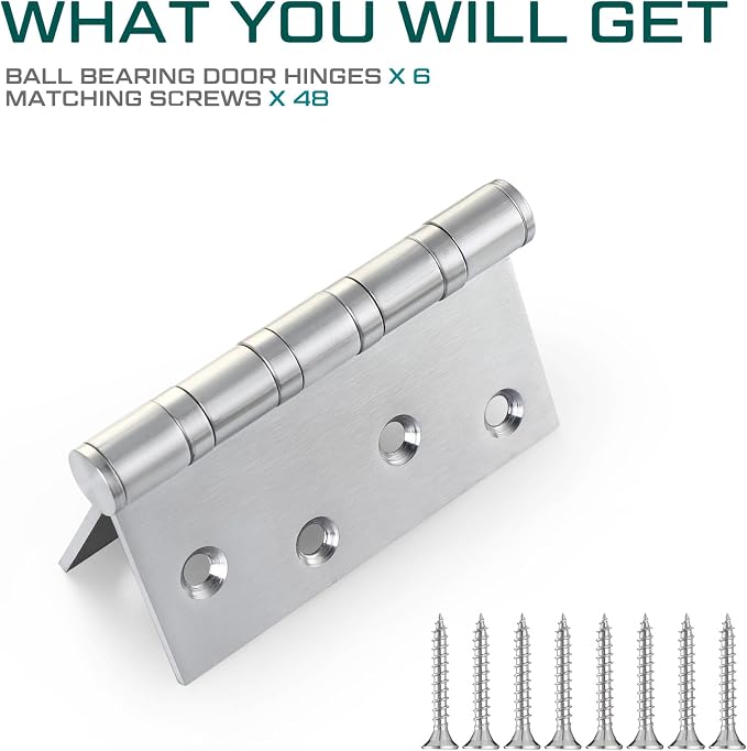 6 Pcs Silver 4'' Ball Bearing Door Hinges, Square Corner | Stainless Steel - Image 4