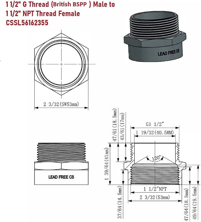 Cascada 1 1/2" G Thread Male to 1 1/2" NPT Thread Female Pipe Fitting Adapter - Image 3