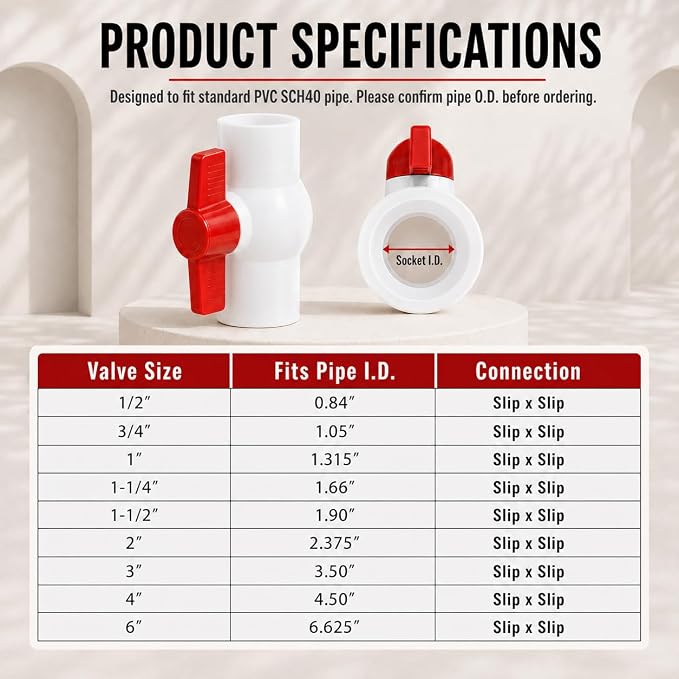 3/4 Inch PVC Ball Valve, 2 Pack | Fits 1.05" OD PVC Pipe, 150 PSI Socket x - Image 7