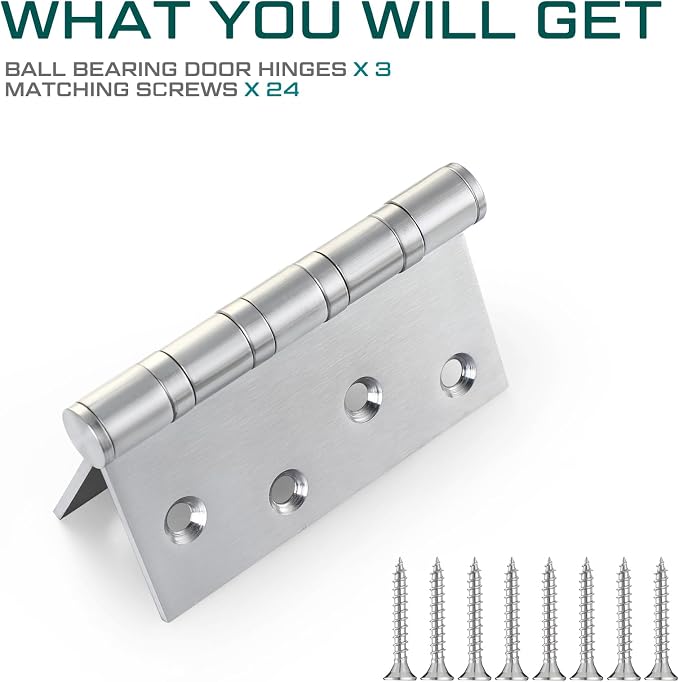 3 Pcs Silver 4'' Ball Bearing Door Hinges, Square Corner | Stainless Steel - Image 5