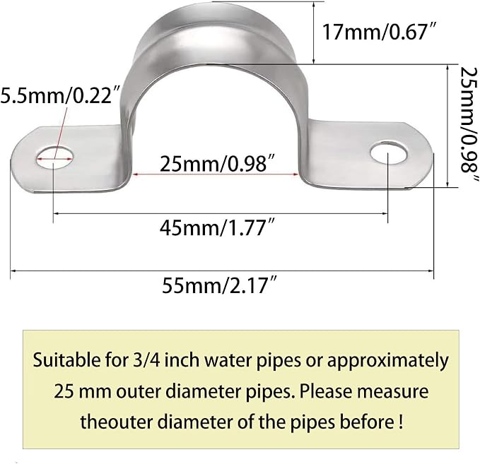 3/4inch Rigid Support Pipe Strap, 2 Hole U-Tube Strap Clamp, Stainless Steel - Image 2
