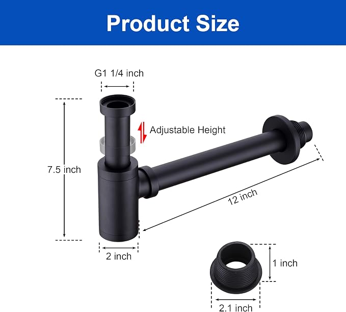 Matte Black Round Bottle P-Trap Drain Kit, 1-1/4 Inch Adjustable Wall Mount - Image 3