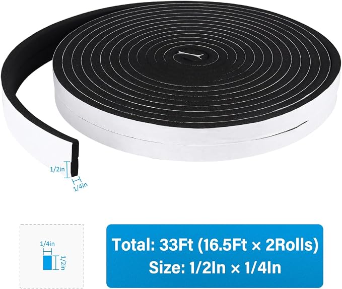 DGSL Foam Weather Stripping, 1/2" x1/4", 33Ft Door Window Seal Tape | Self - Image 2