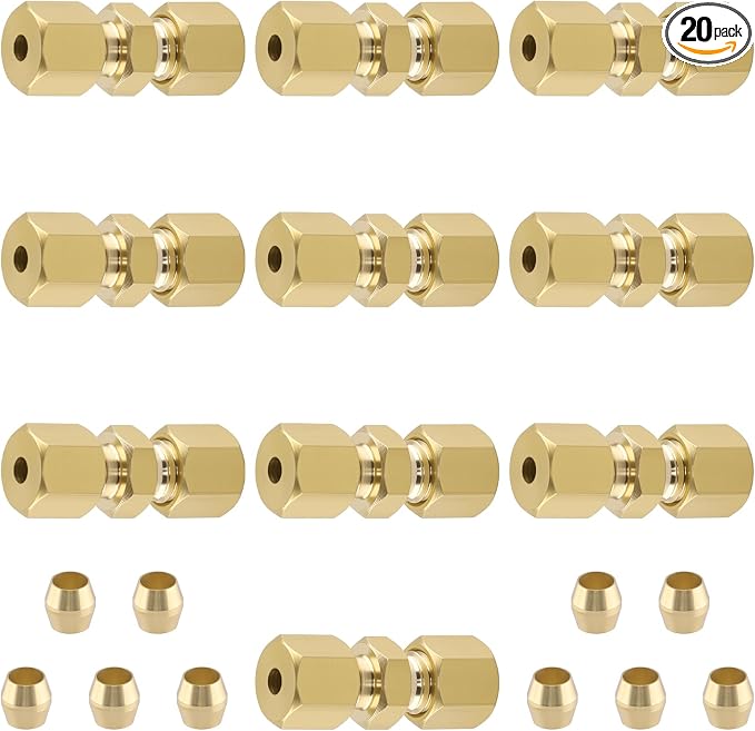 1/8" OD x 1/8" OD Brass Compression Union Fitting, 10 Pack Straight Tube by Taiidaues