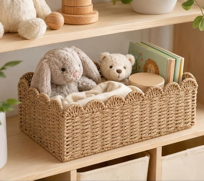 2 Pack Foldable Scalloped Basket, Handwoven Wicker Storage Baskets - Image 7