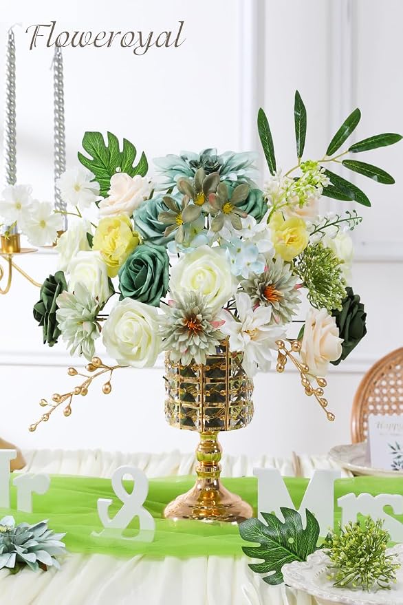 Artificial Flowers Combo Green Flowers Mix Silk Flowers Dahlia Roses - Image 3