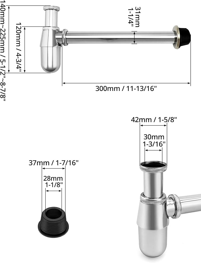 QWORK Chrome Bathroom Basin Sink Bottle Trap Waste Pipe, Universal Round P Trap - Image 5