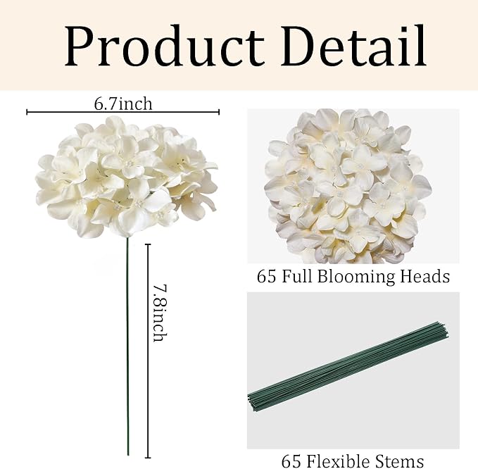 65Pcs Champagne Hydrangea Artificial Flowers Bulk, Realistic Silk Fake Flowers - Image 3