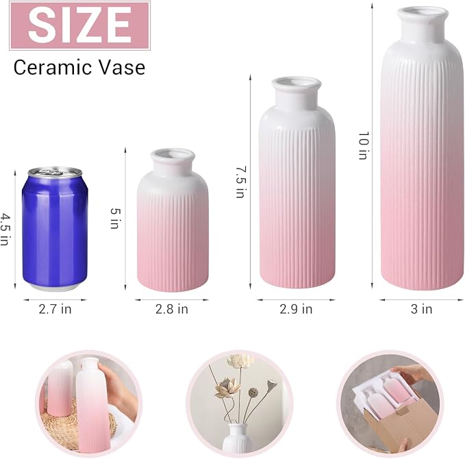 Small Gradient Pink Ceramic Vase Set of 3, Boho Modern Flower Vase Room Decor - Image 3