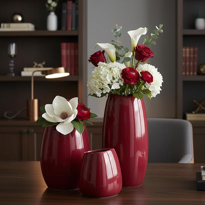 hjn Ceramic Vase Set of 3 Red Flower Vase - Image 3