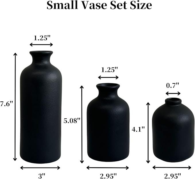 Small Black Ceramic Vase Set of 3, Modern Boho Farmhouse Flowers Vases | - Image 2