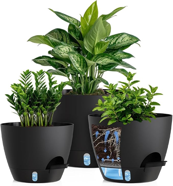 Self Watering Pots with Drainage Holes, 3 Pack 12/10/8 Inch Plant Pots with by KUGAZ