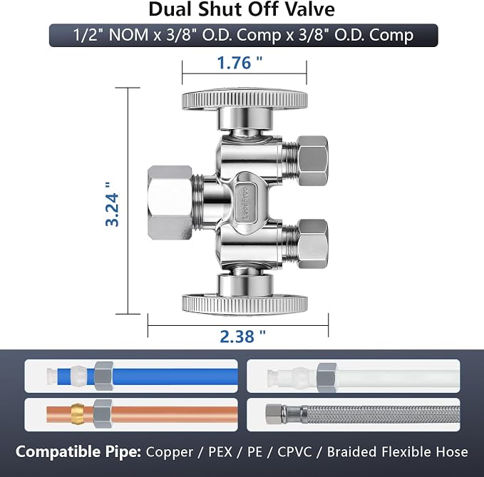 WiseWater 1/2" NOM x 3/8" OD x 3/8" OD Dual Shut Off Valve | Chrome Plated - Image 5