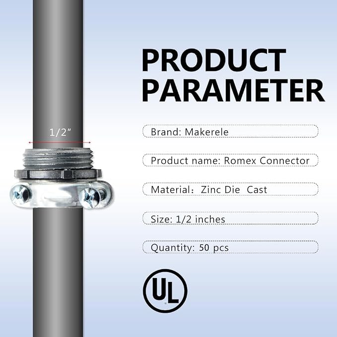 MAKERELE 50-Pack 1/2 Inch Romex Clamp Type Cable Connectors | Zinc Die-cast - Image 3