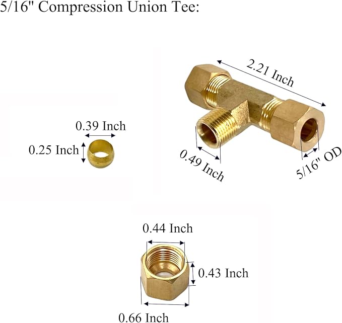 2 Pcs Brass Compression Union Tee Tube Fittings, 5/16" x 5/16" x 5/16" - Image 2